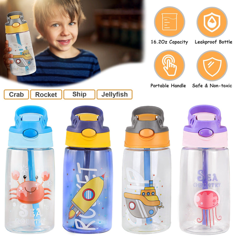 Load image into Gallery viewer, 16.2Oz Leak-proof Kids Water Bottle with Straw Push Button Sport Water Bottle for Kids Crab Ship Jellyfish Rocket
