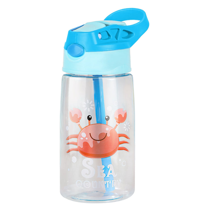 Load image into Gallery viewer, 16.2Oz Leak-proof Kids Water Bottle with Straw Push Button Sport Water Bottle for Kids Crab Ship Jellyfish Rocket
