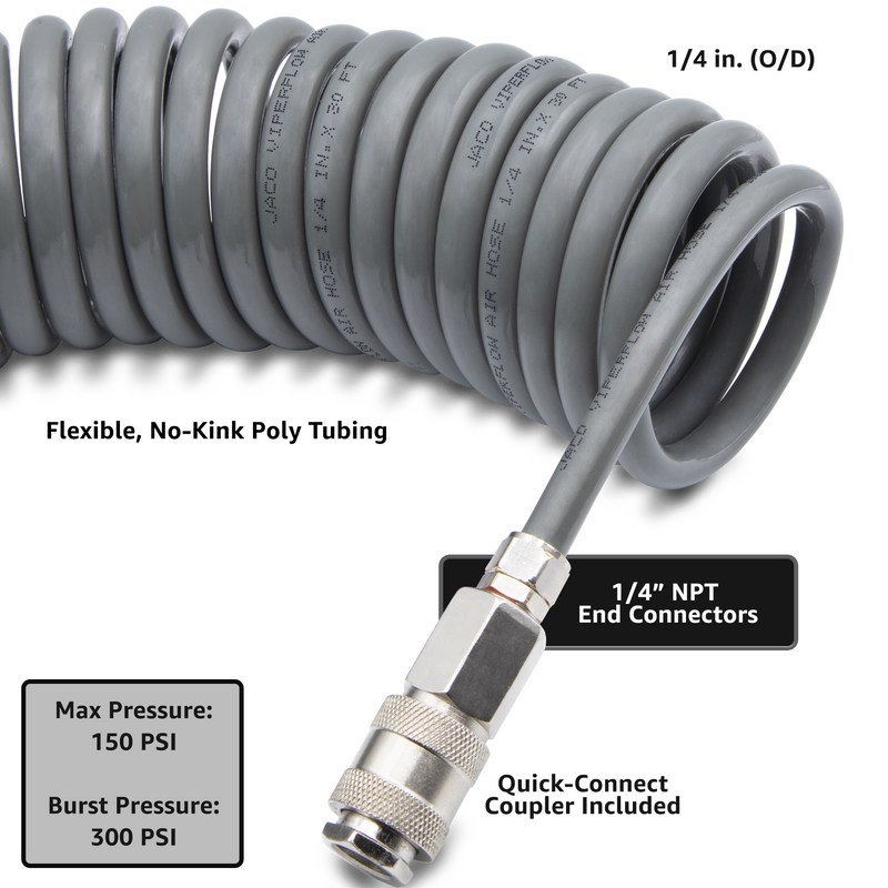 Load image into Gallery viewer, Polyurethane Coiled Air Hose Kit - 1/4" x 30 ft | with Air Compressor Fittings
