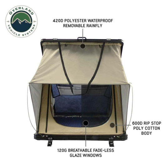 LD TMON Clamshell Aluminum Hard Shell Roof Top Tent - 2 Person Capacity, Tan Body & Green Rainfly