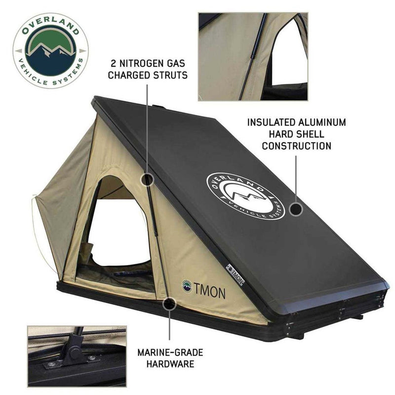 Load image into Gallery viewer, LD TMON Clamshell Aluminum Hard Shell Roof Top Tent - 2 Person Capacity, Tan Body &amp; Green Rainfly

