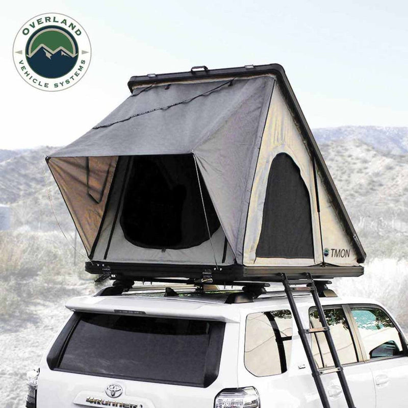 Load image into Gallery viewer, LD TMON Clamshell Aluminum Hard Shell Roof Top Tent - 2 Person Capacity, Tan Body &amp; Green Rainfly
