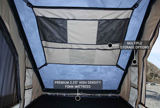 LD TMON Clamshell Aluminum Hard Shell Roof Top Tent - 2 Person Capacity, Tan Body & Green Rainfly