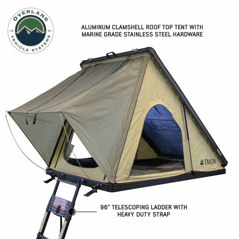 Load image into Gallery viewer, LD TMON Clamshell Aluminum Hard Shell Roof Top Tent - 2 Person Capacity, Tan Body &amp; Green Rainfly
