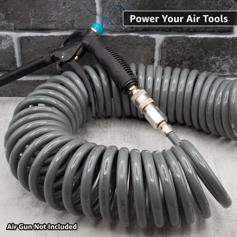 Load image into Gallery viewer, Polyurethane Coiled Air Hose Kit - 1/4" x 30 ft | with Air Compressor Fittings
