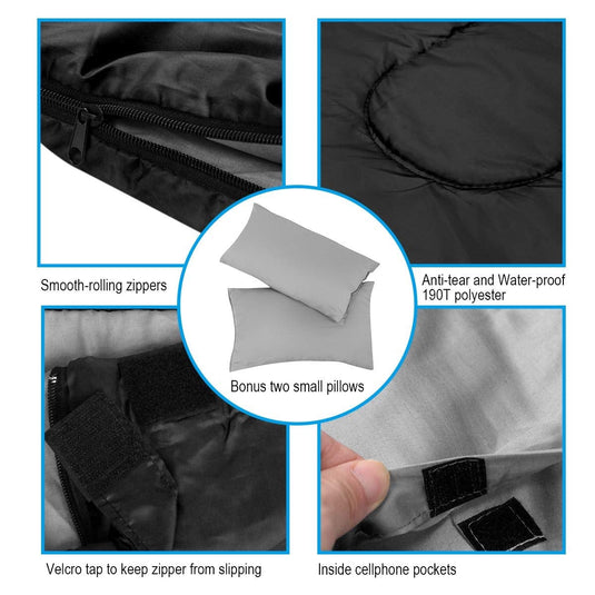 2 Person Waterproof Sleeping Bag with 2 Pillows-Black