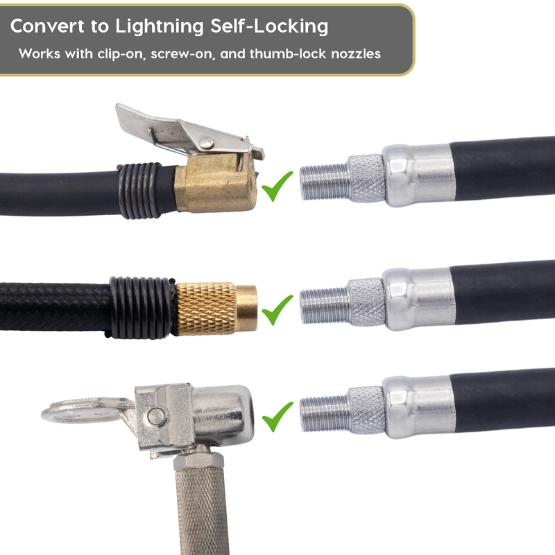 Load image into Gallery viewer, Lightning L2X Tire Inflator Hose Extension Self-Locking Nozzle | Patented Lock-on Air Hose Adapter for Tire Pumps (Open Flow)
