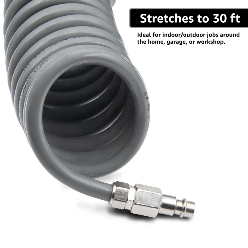 Load image into Gallery viewer, Polyurethane Coiled Air Hose Kit - 1/4" x 30 ft | with Air Compressor Fittings
