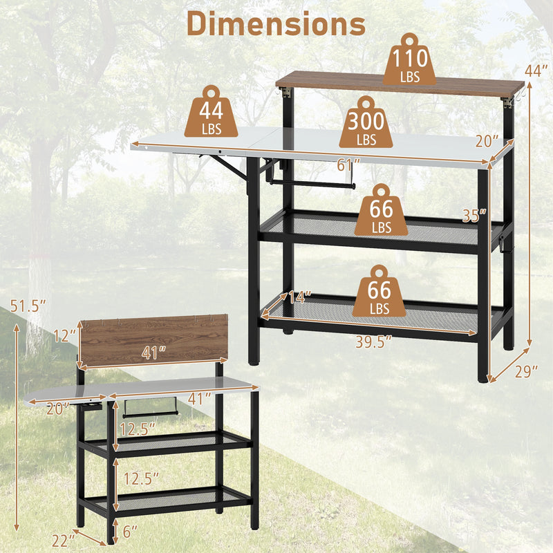 Load image into Gallery viewer, Outdoor Foldable Grill Table with Flip-Up Top and 2 Storage Shelves for Backyard Garden
