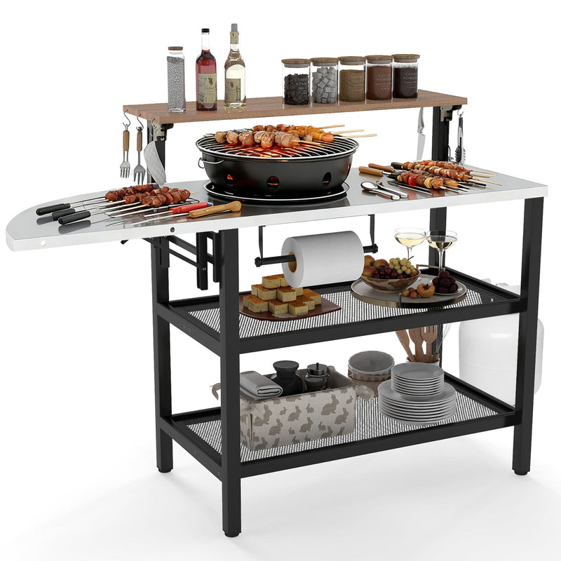 Load image into Gallery viewer, Outdoor Foldable Grill Table with Flip-Up Top and 2 Storage Shelves for Backyard Garden
