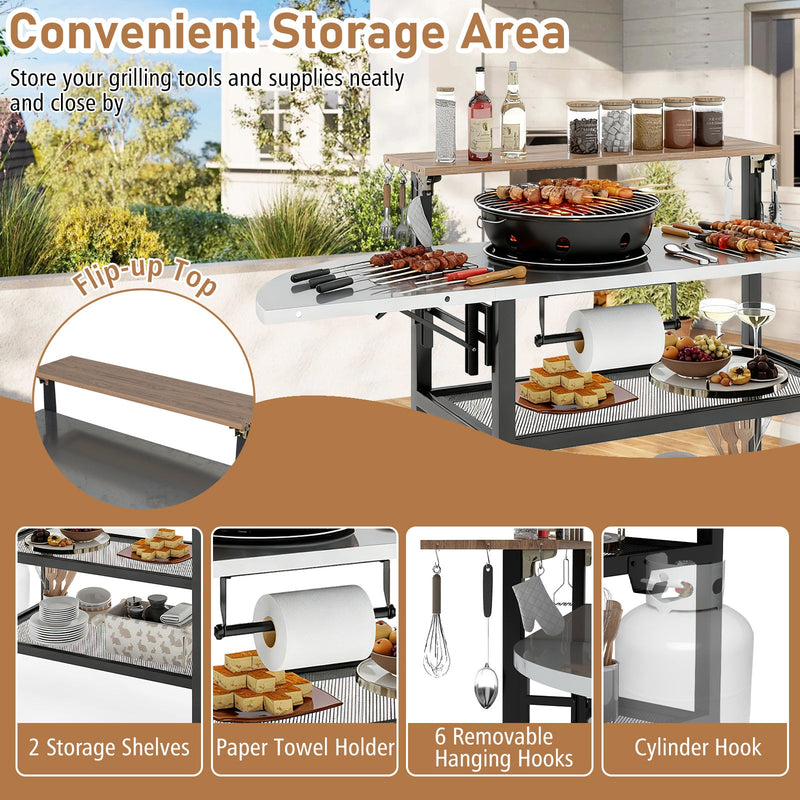Load image into Gallery viewer, Outdoor Foldable Grill Table with Flip-Up Top and 2 Storage Shelves for Backyard Garden

