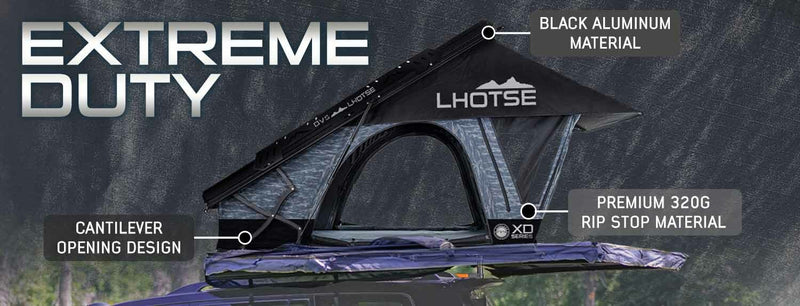 Load image into Gallery viewer, Stay Ready Outdoors XD Lohtse Clam Shell Aluminum Hard Shell Roof Top Tent, Blue Body &amp; Black Rainfly
